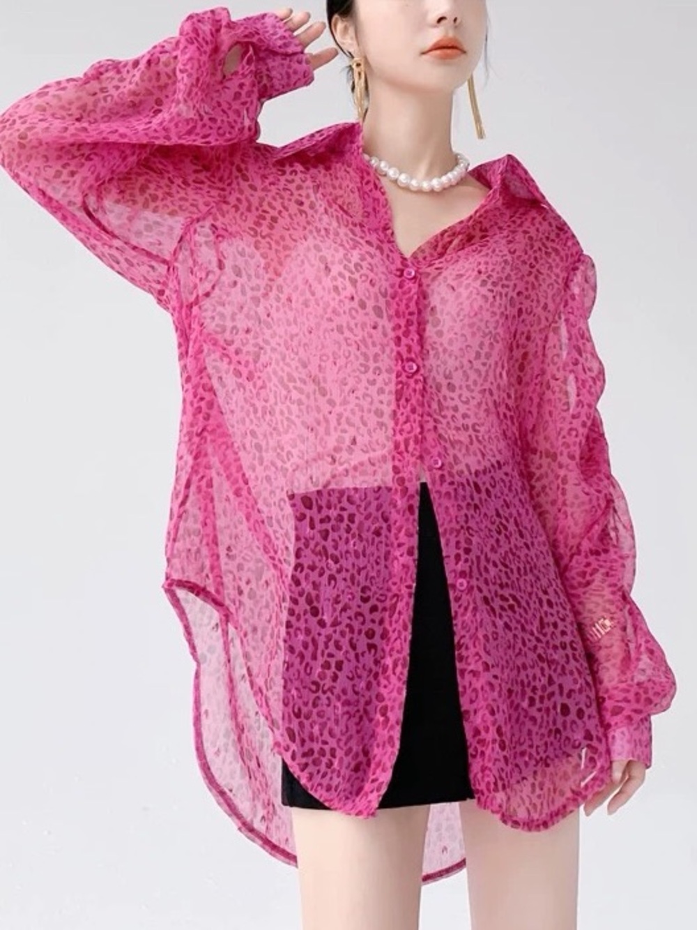 Hot Pink Leopard Sheer Blouse | Lightweight Chiffon Oversized Shirt